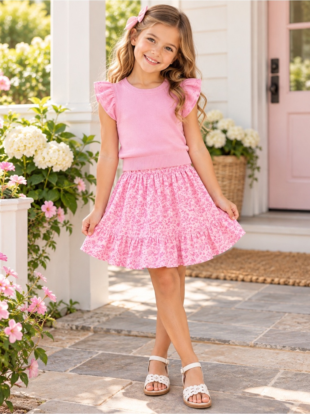 OshKosh B’gosh Girls Size 8 Pink Top & Floral Ruffle Skirt Outfit NWOT